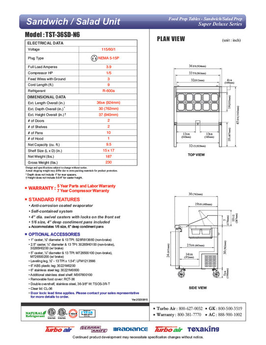 Turbo Air TST-36SD-N6 36" Super Deluxe Sandwich/Salad Prep Table w/ Refrigerated Base - Donut-Equipment.com