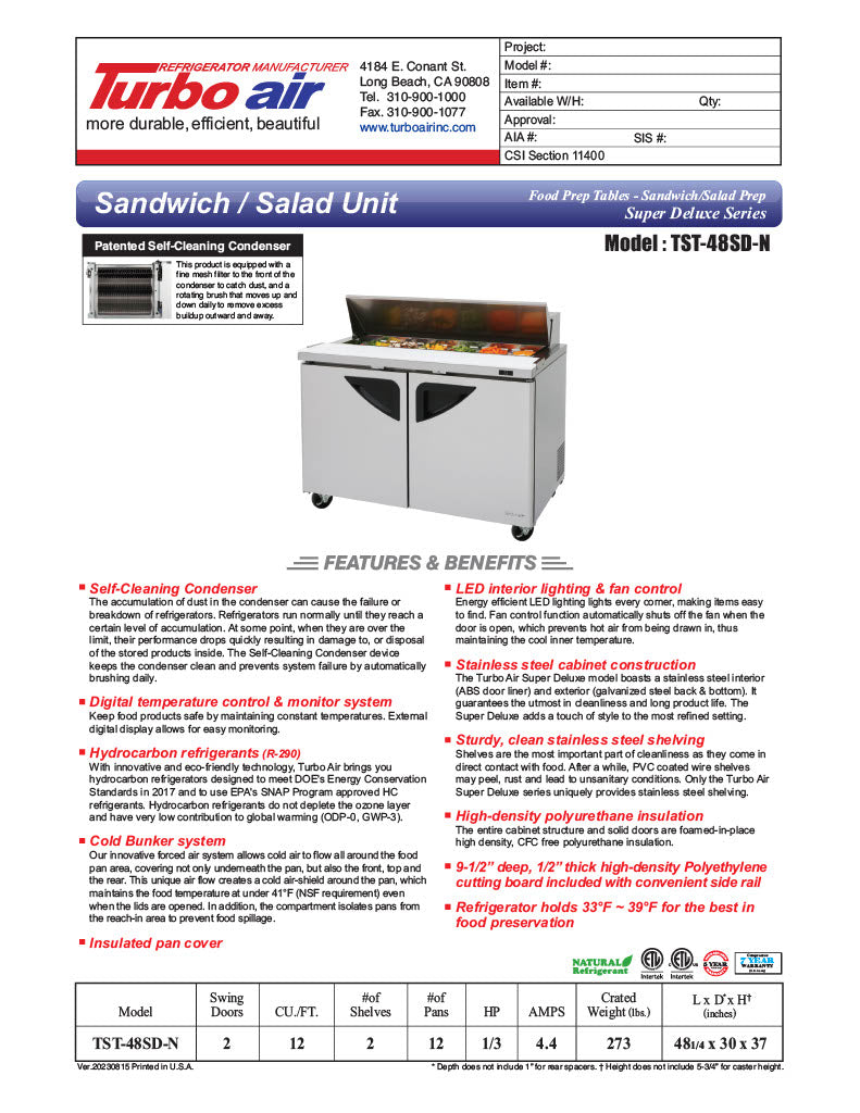 Turbo Air TST-48SD-N 48" Super Deluxe 2 Door Refrigerated Sandwich Prep Table - Donut-Equipment.com