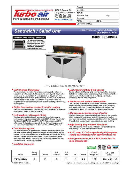 Turbo Air TST-48SD-N 48" Super Deluxe 2 Door Refrigerated Sandwich Prep Table - Donut-Equipment.com