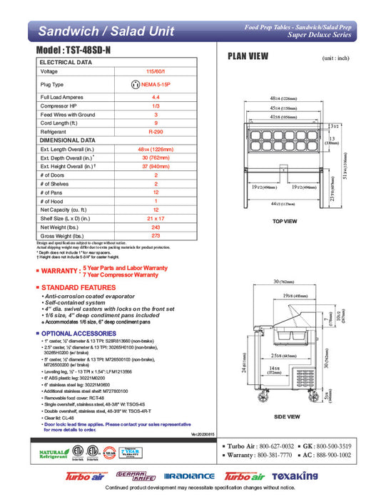 Turbo Air TST-48SD-N 48" Super Deluxe 2 Door Refrigerated Sandwich Prep Table - Donut-Equipment.com