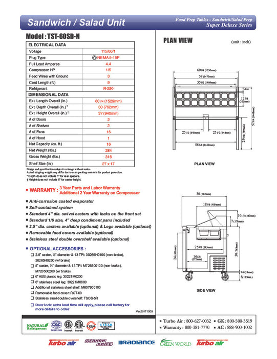 Turbo Air TST-60SD-N 60" Super Deluxe 2 Door Refrigerated Sandwich Prep Table - Donut-Equipment.com