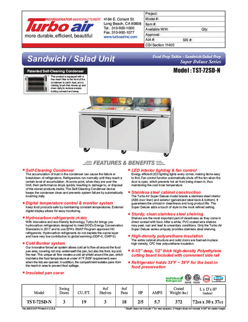 Turbo Air TST-72SD-N 72" Super Deluxe 3 Door Refrigerated Sandwich Prep Table - Donut-Equipment.com