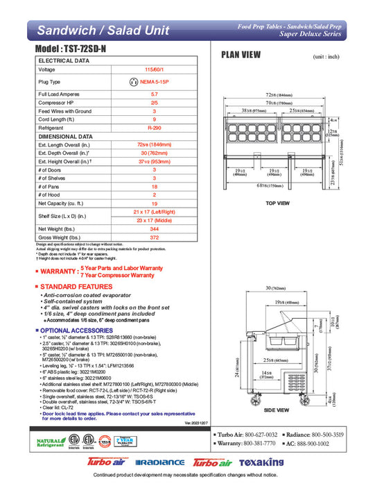 Turbo Air TST-72SD-N 72" Super Deluxe 3 Door Refrigerated Sandwich Prep Table - Donut-Equipment.com