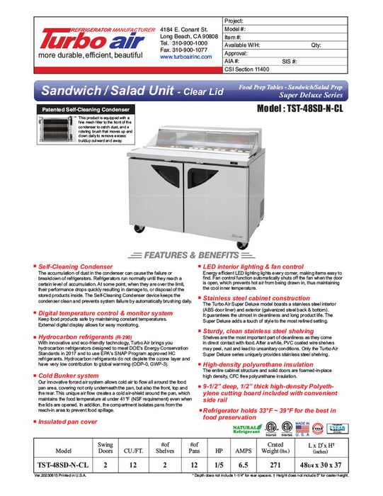 Turbo Air Super Deluxe TST-48SD-N-CL 48" 2 Door Refrigerated Sandwich Prep Table with Clear Lid - Donut-Equipment.com