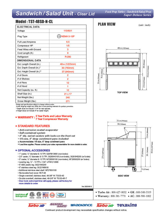 Turbo Air Super Deluxe TST-48SD-N-CL 48" 2 Door Refrigerated Sandwich Prep Table with Clear Lid - Donut-Equipment.com
