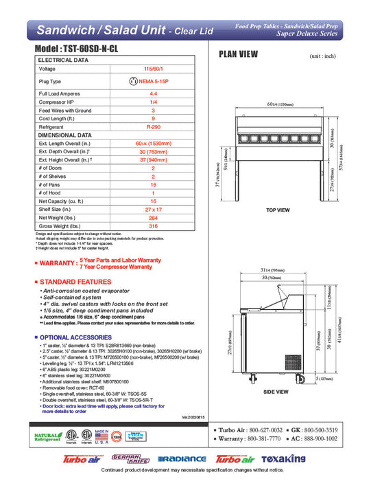 Turbo Air Super Deluxe TST-60SD-N-CL 60" 2 Door Refrigerated Sandwich Prep Table with Clear Lid - Donut-Equipment.com