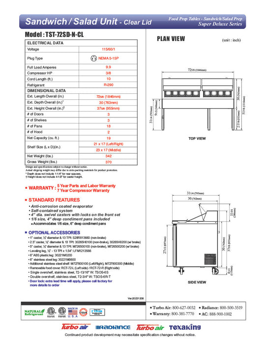 Turbo Air Super Deluxe TST-72SD-N-CL 72" 3 Door Refrigerated Sandwich Prep Table with Clear Lid - Donut-Equipment.com