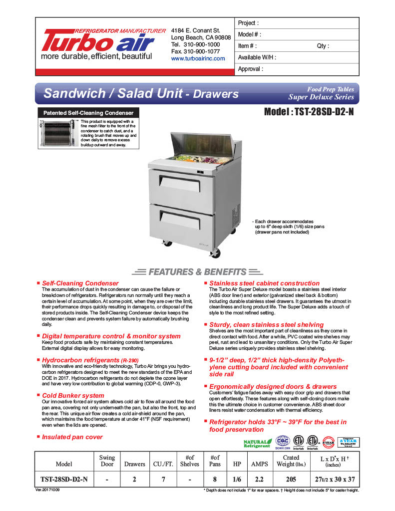 Turbo Air TST-28SD-D2-N 28" 2 Drawer Refrigerated Sandwich Prep Table - Donut-Equipment.com