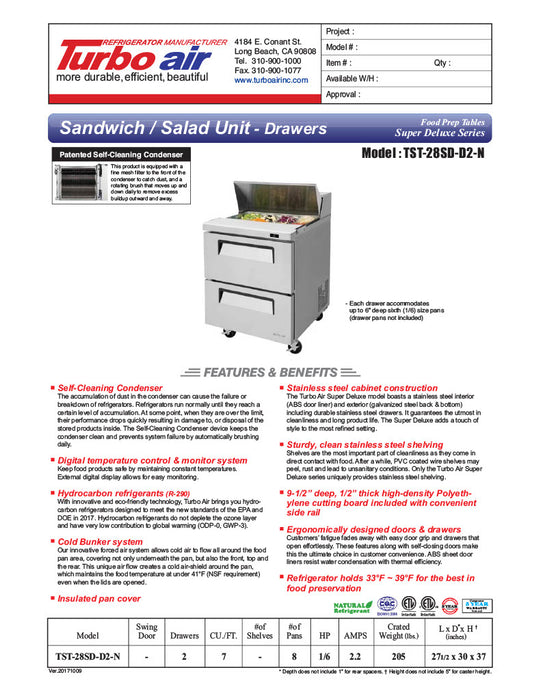Turbo Air TST-28SD-D2-N 28" 2 Drawer Refrigerated Sandwich Prep Table - Donut-Equipment.com