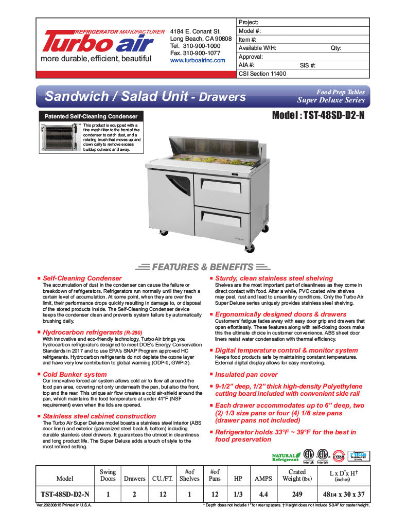 Turbo Air TST-48SD-D2-N 48" 1 Door 2 Drawer Refrigerated Sandwich Prep Table - Donut-Equipment.com