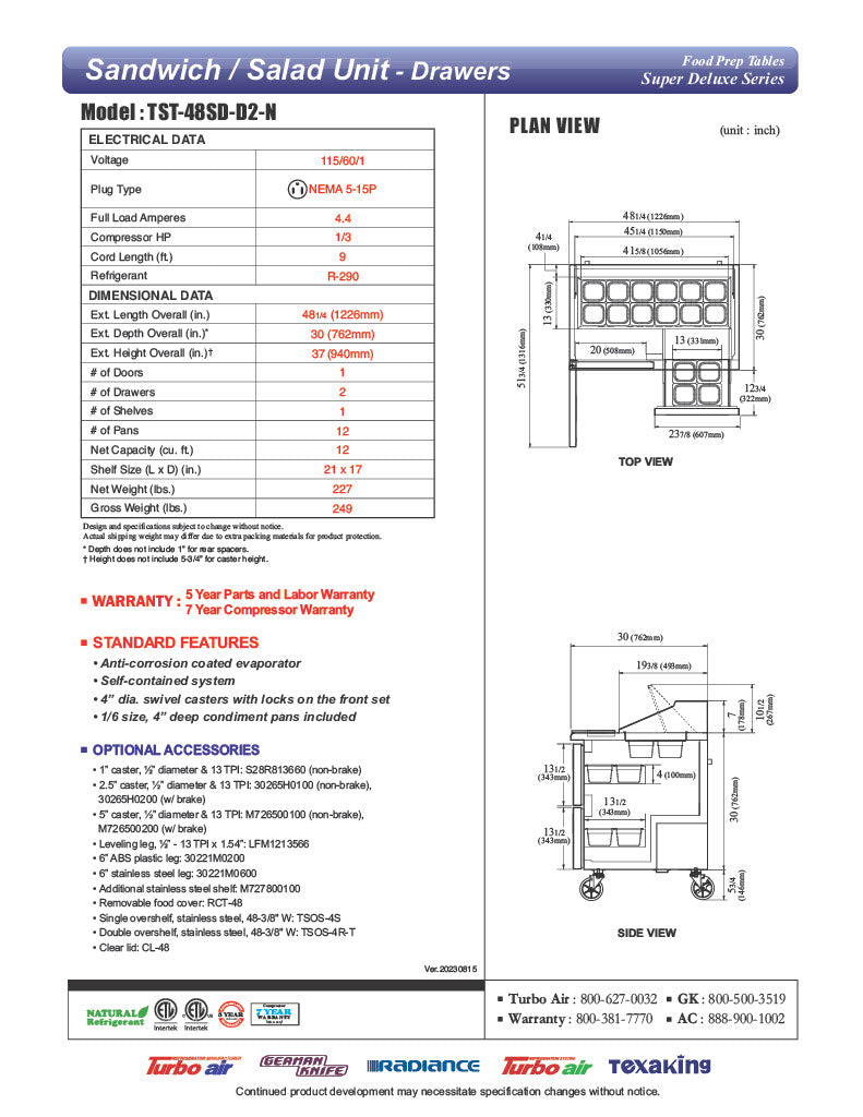 Turbo Air TST-48SD-D2-N 48" 1 Door 2 Drawer Refrigerated Sandwich Prep Table - Donut-Equipment.com