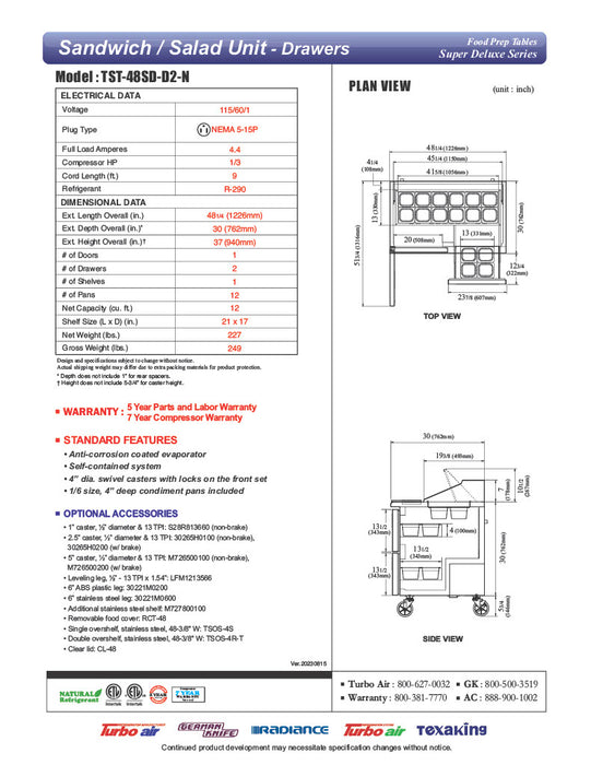 Turbo Air TST-48SD-D2-N 48" 1 Door 2 Drawer Refrigerated Sandwich Prep Table - Donut-Equipment.com