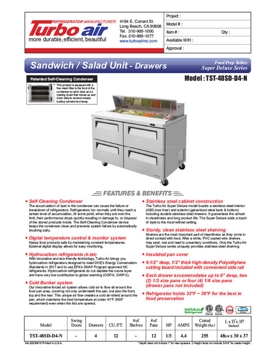 Turbo Air TST-48SD-D4-N 48" 4 Drawer Refrigerated Sandwich Prep Table - Donut-Equipment.com