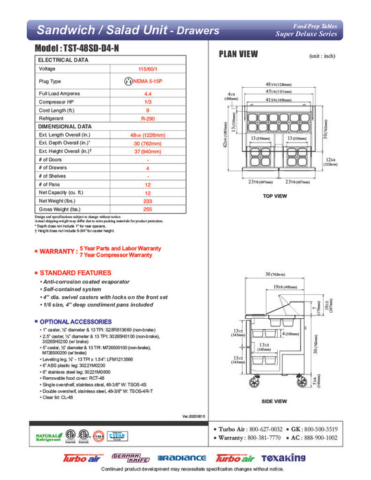 Turbo Air TST-48SD-D4-N 48" 4 Drawer Refrigerated Sandwich Prep Table - Donut-Equipment.com