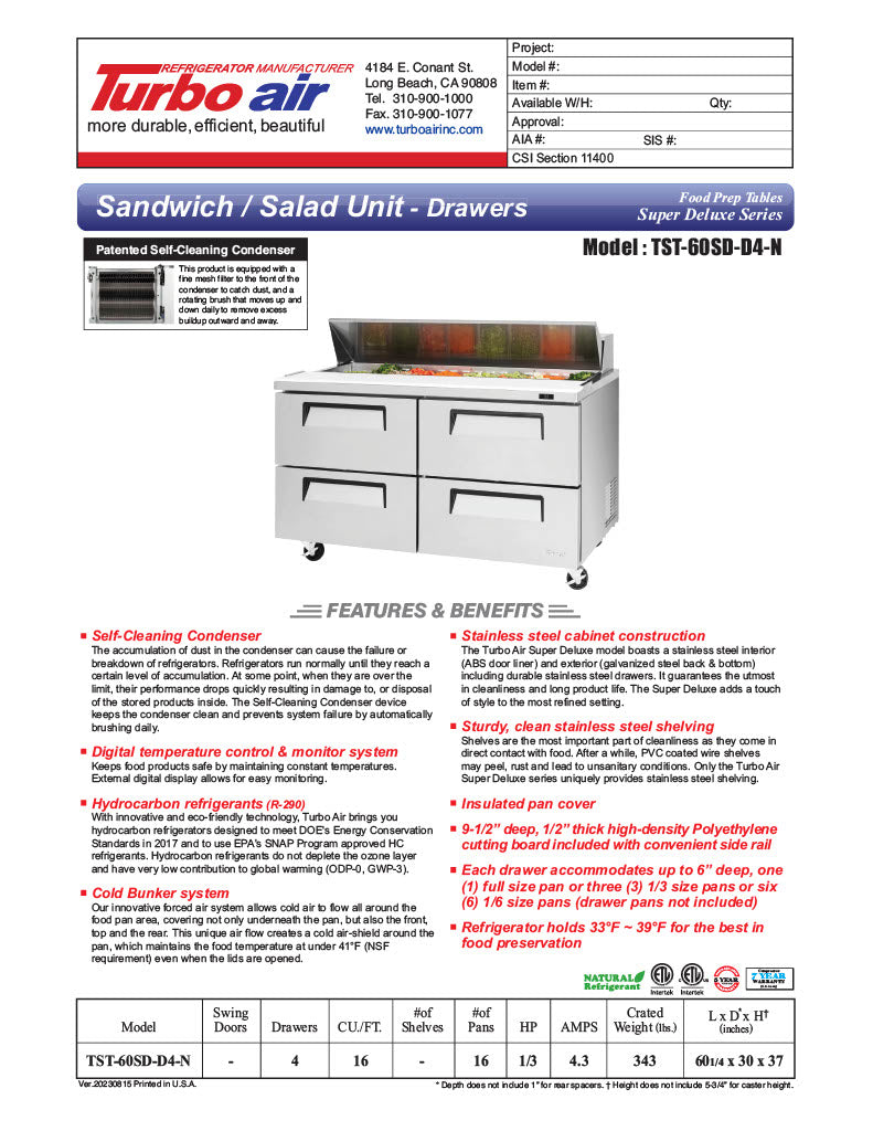 Turbo Air TST-60SD-D4-N 60" 4 Drawer Refrigerated Sandwich Prep Table - Donut-Equipment.com