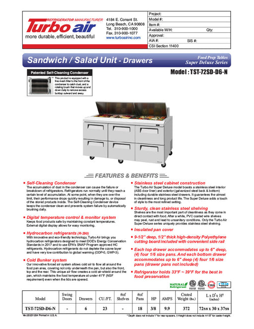 Turbo Air TST-72SD-D6-N" 4 Drawer Refrigerated Sandwich Prep Table - Donut-Equipment.com