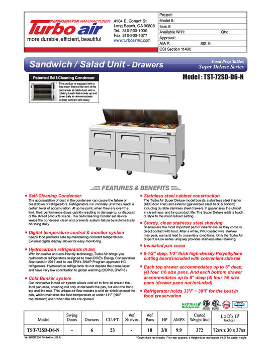 Turbo Air TST-72SD-D6-N" 4 Drawer Refrigerated Sandwich Prep Table - Donut-Equipment.com