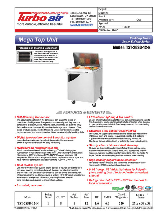 Turbo Air TST-28SD-12-N 28" 1 Door Mega Top Refrigerated Sandwich Prep Table - Donut-Equipment.com
