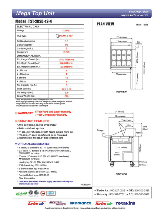 Turbo Air TST-28SD-12-N 28" 1 Door Mega Top Refrigerated Sandwich Prep Table - Donut-Equipment.com