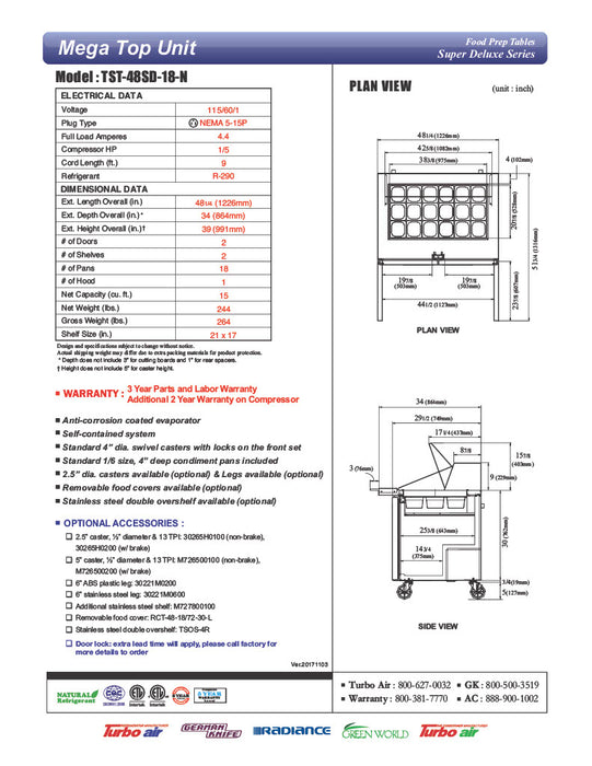 Turbo Air TST-48SD-18-N 48" 2 Door Mega Top Refrigerated Sandwich Prep Table - Donut-Equipment.com