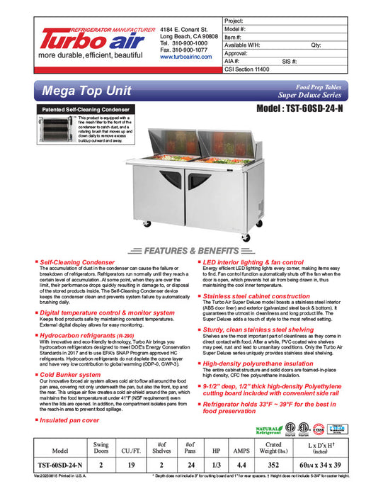 Turbo Air TST-60SD-24-N 60" 2 Door Mega Top Refrigerated Sandwich Prep Table - Donut-Equipment.com