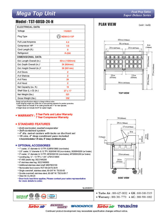 Turbo Air TST-60SD-24-N 60" 2 Door Mega Top Refrigerated Sandwich Prep Table - Donut-Equipment.com