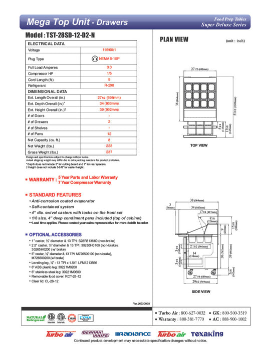 Turbo Air Super Deluxe TST-28SD-12-D2-N 28" 2 Drawer Mega Top Refrigerated Sandwich Prep Table - Donut-Equipment.com