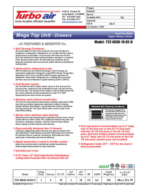 Turbo Air Super Deluxe TST-48SD-18-D2-N 48" 1 Door 2 Drawer Mega Top Refrigerated Sandwich Prep Table - Donut-Equipment.com