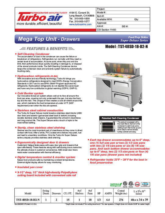 Turbo Air Super Deluxe TST-48SD-18-D2-N 48" 1 Door 2 Drawer Mega Top Refrigerated Sandwich Prep Table - Donut-Equipment.com