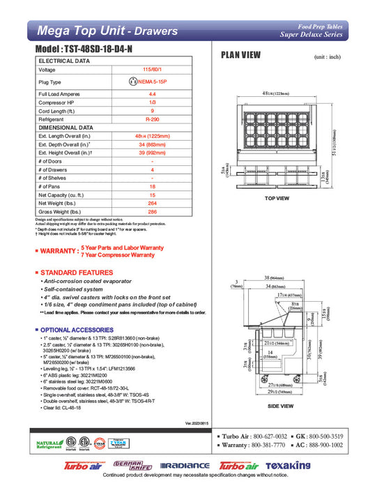 Turbo Air Super Deluxe TST-48SD-18-D4-N 4 Drawer Mega Top Refrigerated Sandwich Prep Table - Donut-Equipment.com