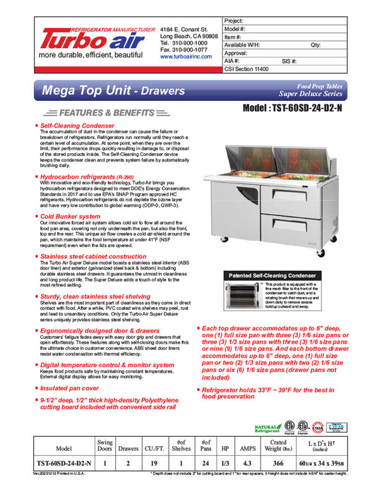 Turbo Air Super Deluxe TST-60SD-24-D2-N 60" 1 Door 2 Drawer Mega Top Refrigerated Sandwich Prep Table - Donut-Equipment.com