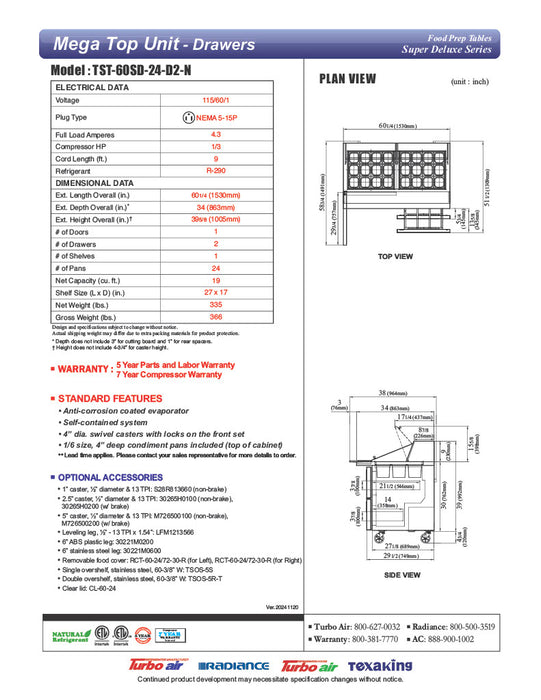 Turbo Air Super Deluxe TST-60SD-24-D2-N 60" 1 Door 2 Drawer Mega Top Refrigerated Sandwich Prep Table - Donut-Equipment.com