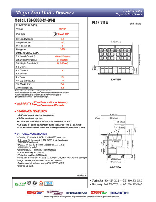 Turbo Air Super Deluxe TST-60SD-24-D4-N 60" 4 Drawer Mega Top Refrigerated Sandwich Prep Table - Donut-Equipment.com