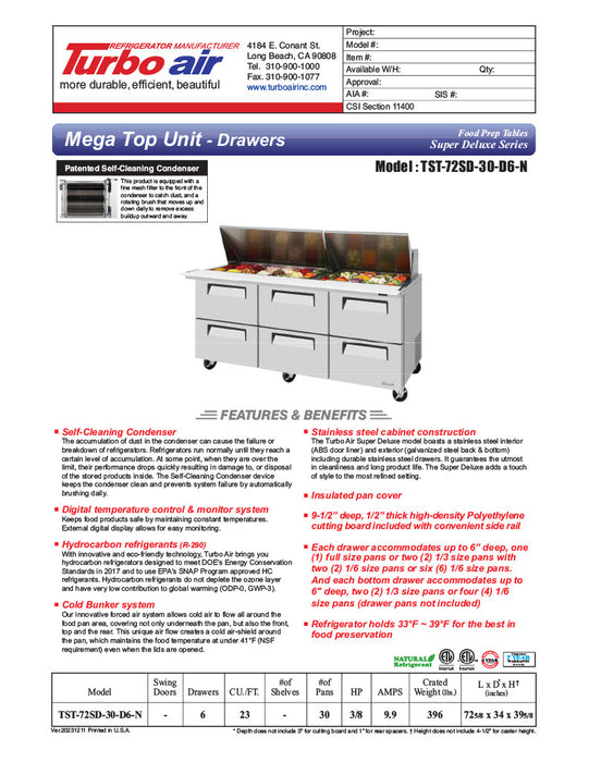 Turbo Air Super Deluxe TST-72SD-30-D6-N 72" 6 Drawer Mega Top Refrigerated Sandwich Prep Table - Donut-Equipment.com