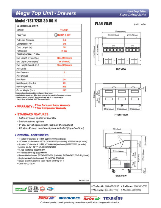 Turbo Air Super Deluxe TST-72SD-30-D6-N 72" 6 Drawer Mega Top Refrigerated Sandwich Prep Table - Donut-Equipment.com