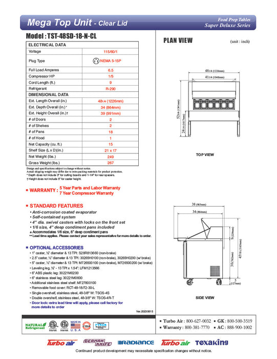 Turbo Air Super Deluxe TST-48SD-18-N-CL 48" 2 Door Refrigerated Mega Top Sandwich Prep Table with Clear Lid - Donut-Equipment.com