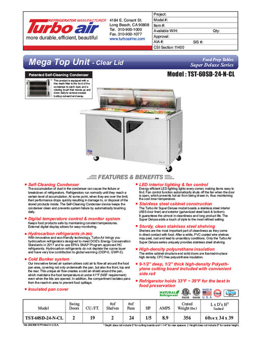 Turbo Air Super Deluxe TST-60SD-24-N-CL 60" 2 Door Refrigerated Mega Top Sandwich Prep Table with Clear Lid - Donut-Equipment.com