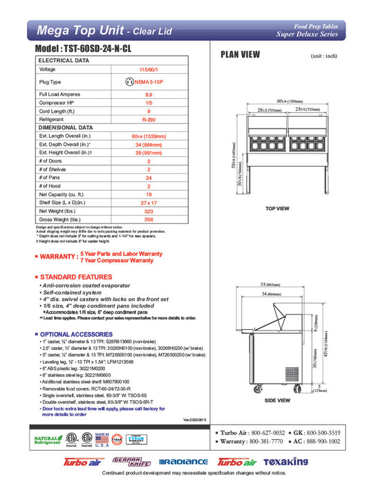 Turbo Air Super Deluxe TST-60SD-24-N-CL 60" 2 Door Refrigerated Mega Top Sandwich Prep Table with Clear Lid - Donut-Equipment.com