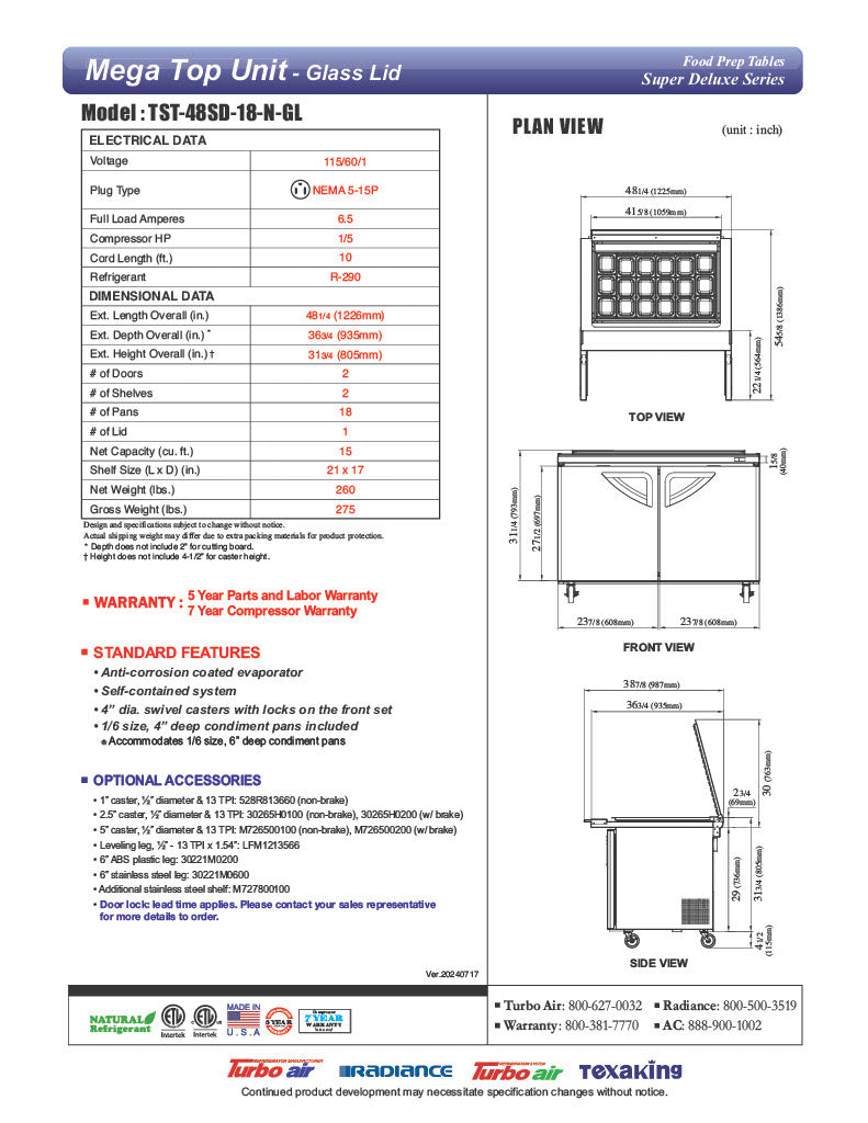 Turbo Air TST-48SD-18-N-GL 48" 2 Door Mega Top Hinged Glass Lid Refrigerated Sandwich Prep Table - Donut-Equipment.com