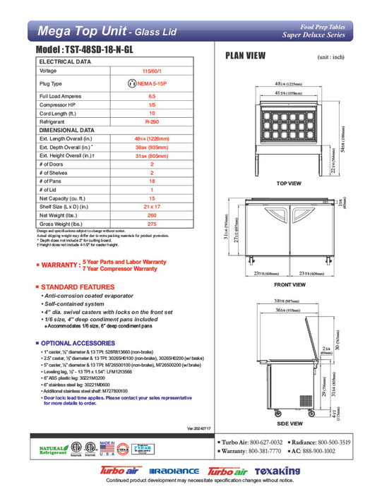 Turbo Air TST-48SD-18-N-GL 48" 2 Door Mega Top Hinged Glass Lid Refrigerated Sandwich Prep Table - Donut-Equipment.com