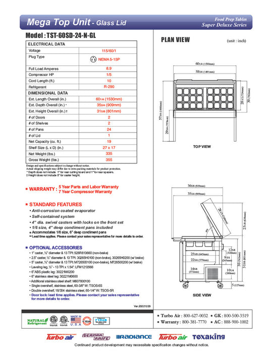 Turbo Air TST-60SD-24-N-GL 60" 2 Door Mega Top Hinged Glass Lid Refrigerated Sandwich Prep Table - Donut-Equipment.com