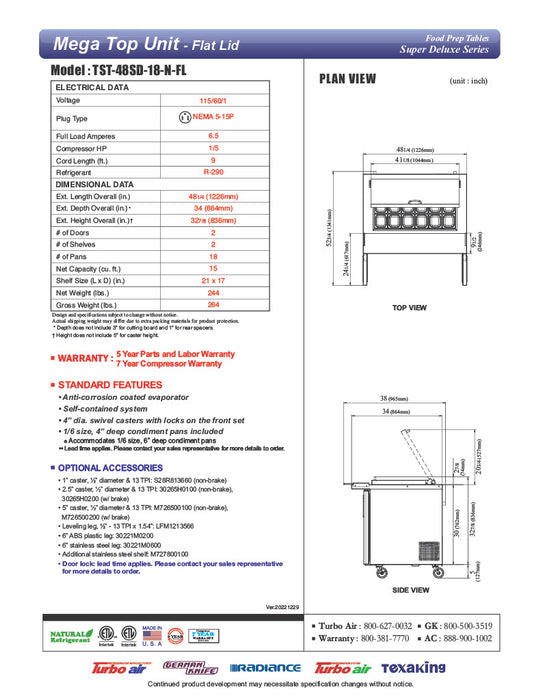 Turbo Air Super Deluxe TST-48SD-18-N-FL 48" 2 Door Refrigerated Mega Top Sandwich Prep Table with Flat Lid - Donut-Equipment.com