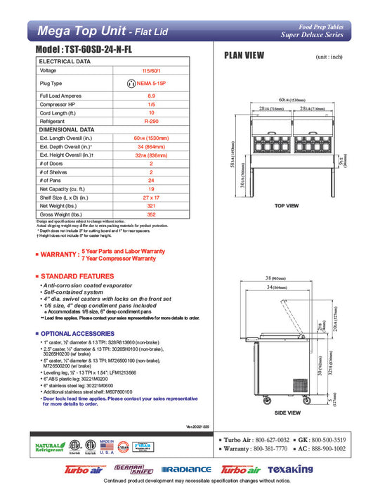 Turbo Air Super Deluxe TST-60SD-24-N-FL 60" 2 Door Refrigerated Mega Top Sandwich Prep Table with Flat Lid - Donut-Equipment.com