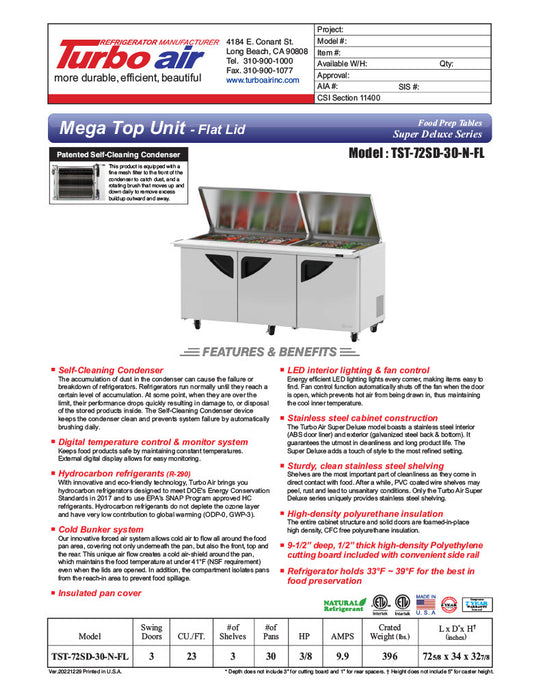 Turbo Air Super Deluxe TST-72SD-30-N-FL 72" 3 Door Mega Top Refrigerated Sandwich Prep Table with Flat Lid - Donut-Equipment.com