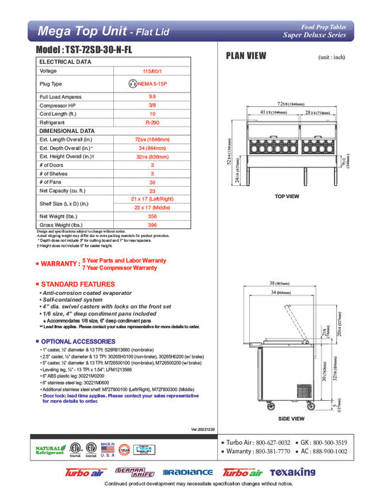 Turbo Air Super Deluxe TST-72SD-30-N-FL 72" 3 Door Mega Top Refrigerated Sandwich Prep Table with Flat Lid - Donut-Equipment.com