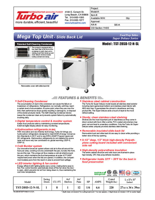 Turbo Air Super Deluxe TST-28SD-12-N-SL 28" 1 Door Mega Top Refrigerated Sandwich Prep Table - Donut-Equipment.com