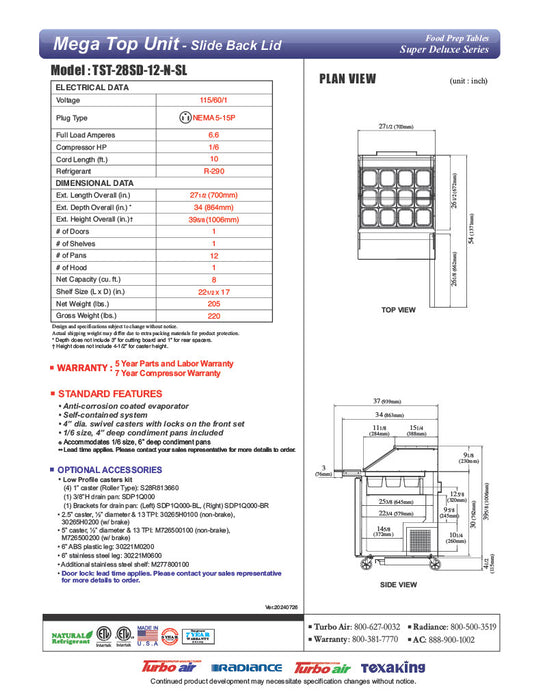 Turbo Air Super Deluxe TST-28SD-12-N-SL 28" 1 Door Mega Top Refrigerated Sandwich Prep Table - Donut-Equipment.com
