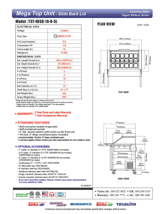 Turbo Air TST-48SD-18-N-SL 48" 2 Door Mega Top Sliding Lid Refrigerated Sandwich Prep Table - Donut-Equipment.com
