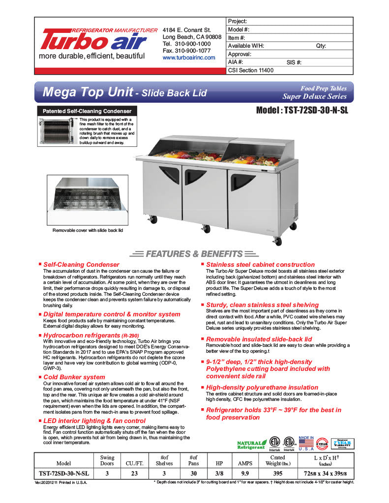 Turbo Air TST-72SD-30-N-SL 72" 3 Door Mega Top Sliding Lid Refrigerated Sandwich Prep Table - Donut-Equipment.com