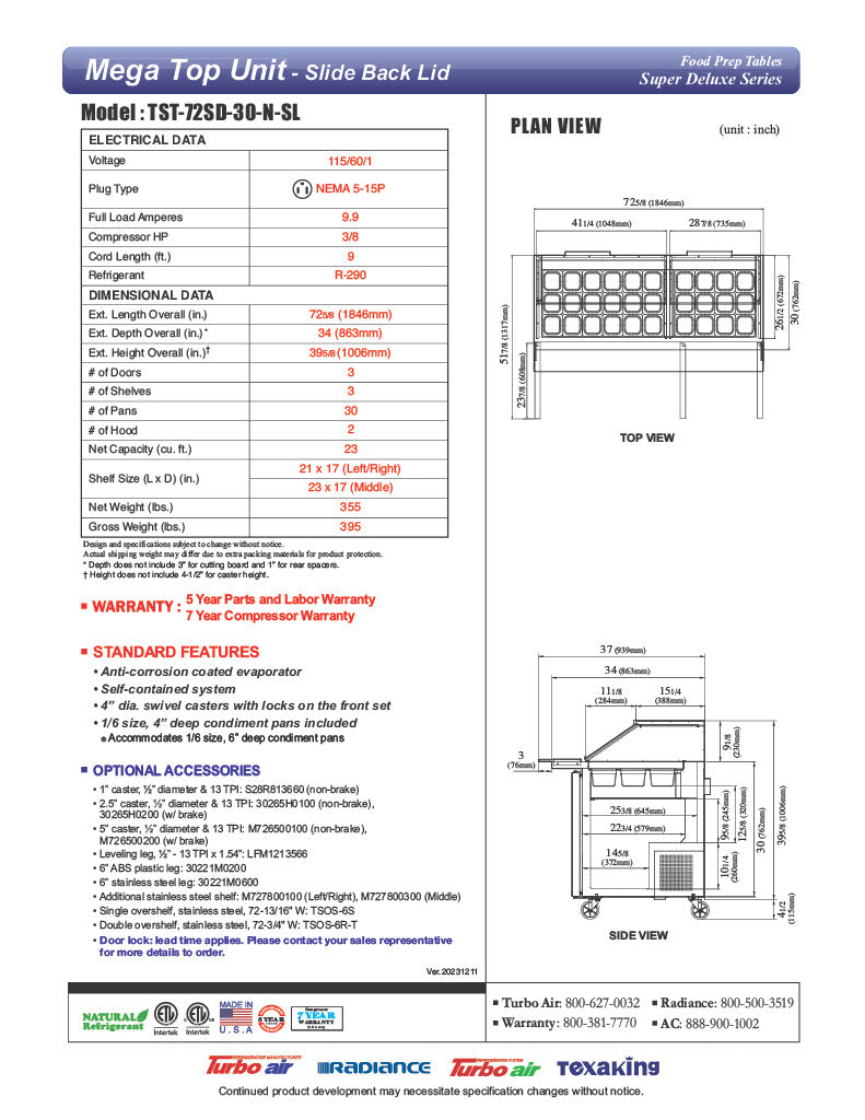 Turbo Air TST-72SD-30-N-SL 72" 3 Door Mega Top Sliding Lid Refrigerated Sandwich Prep Table - Donut-Equipment.com